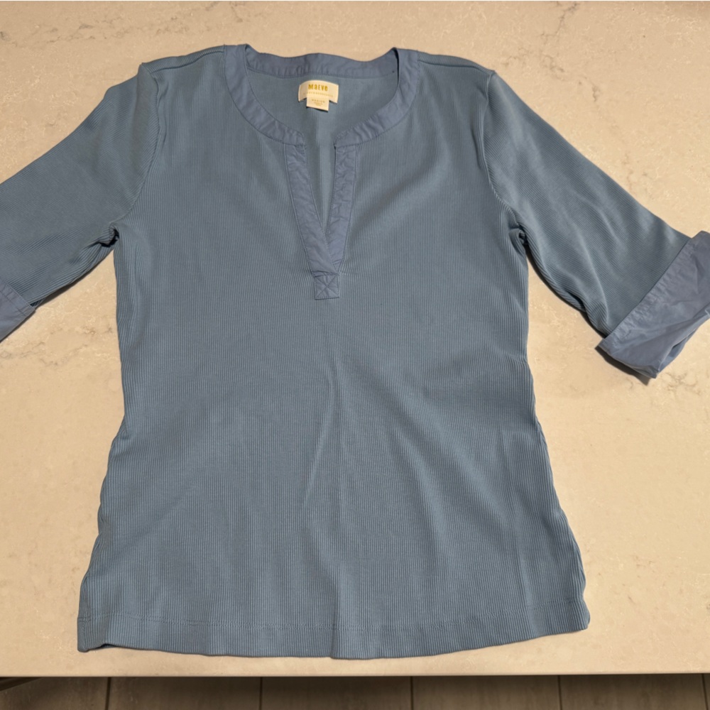 Anthropologie powder blue 3/4 length cuff sleeve top. Not cropped! 24” length